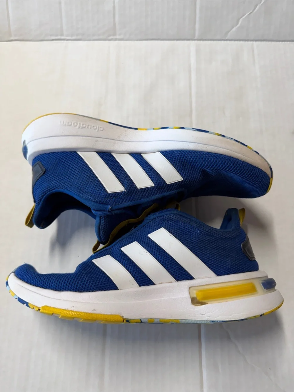 adidas Kids Blue Mesh Sneakers with White Stripes and Yellow Accents